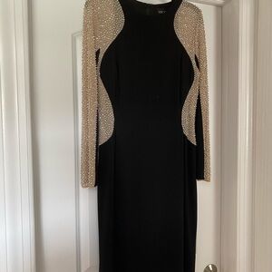Xscape Black and Gold Long Sleeve Sheath Dress
